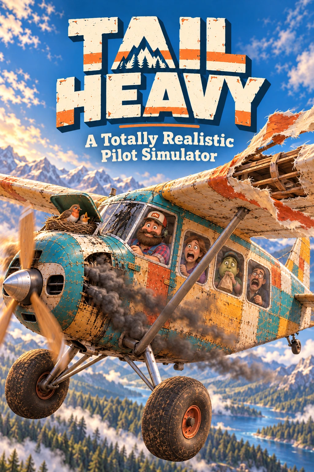 Tail Heavy box art: a patched-together bush plane trailing smoke, a bird nesting in the cowling, a grinning bearded pilot and screaming passengers